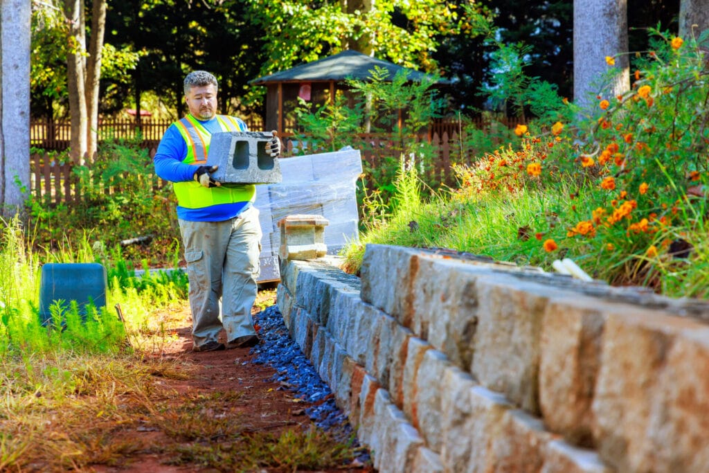 hardscaping installation of a retaining wall