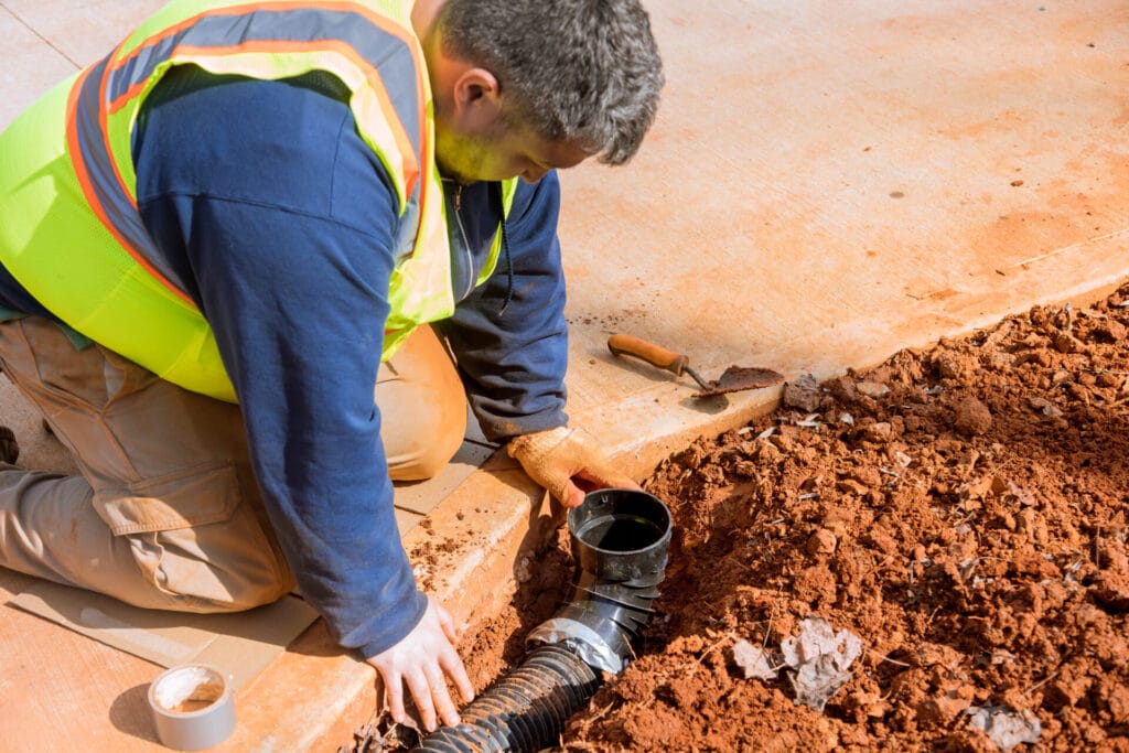 a technician mounting drainage at a property