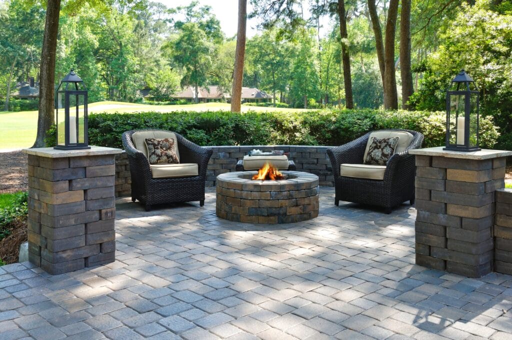 Outdoor fireplace area with full hardscaping layout