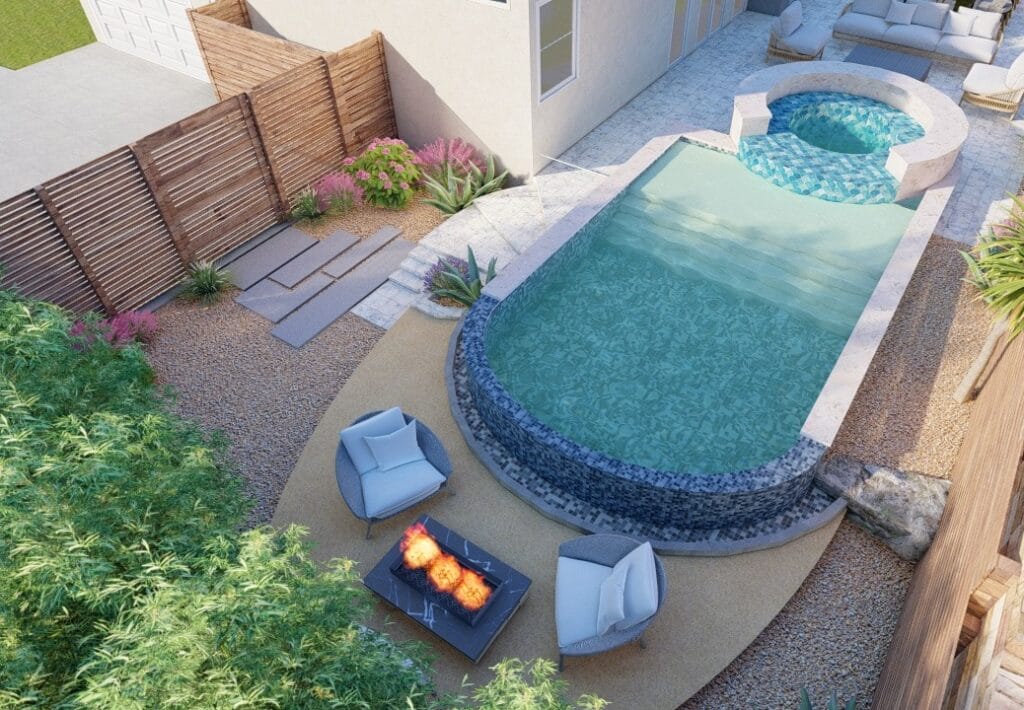 3d rendering of a pool backyard with landscaping