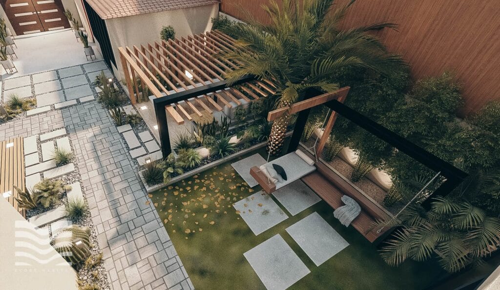 a backyard with a bench and a palm tree