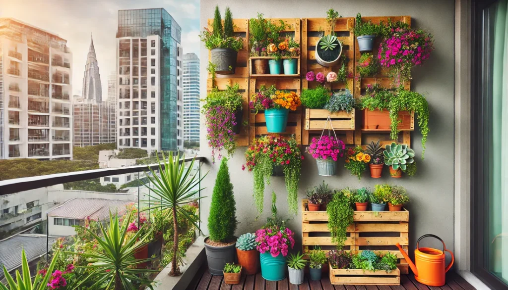 dall e 2024 06 26 19.49.43 a vibrant vertical garden on a small urban balcony. the garden features a mix of colorful flowers herbs and succulents planted in various containers