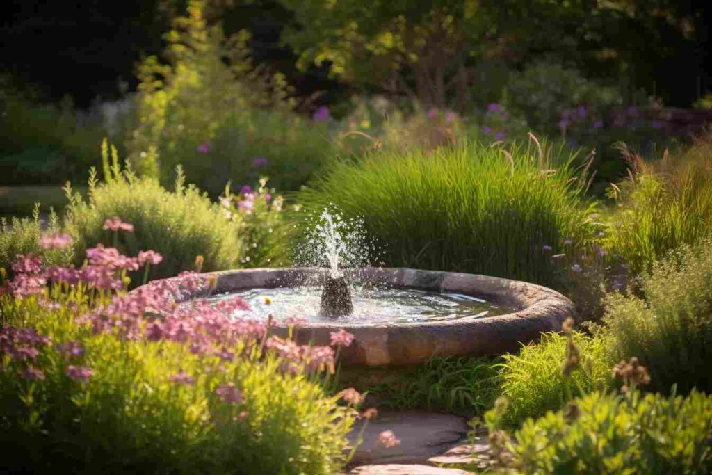 add a water feature such as a fountain or pond to your flower bed as an attractive and calming focal point 1