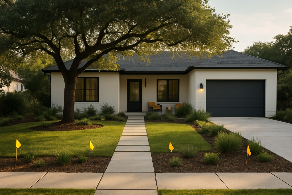 Hoa Landscaping Approval Austin: Front Yard Guide 1 front yard layout with driveway, sidewalk, live oak shade, and planting areas