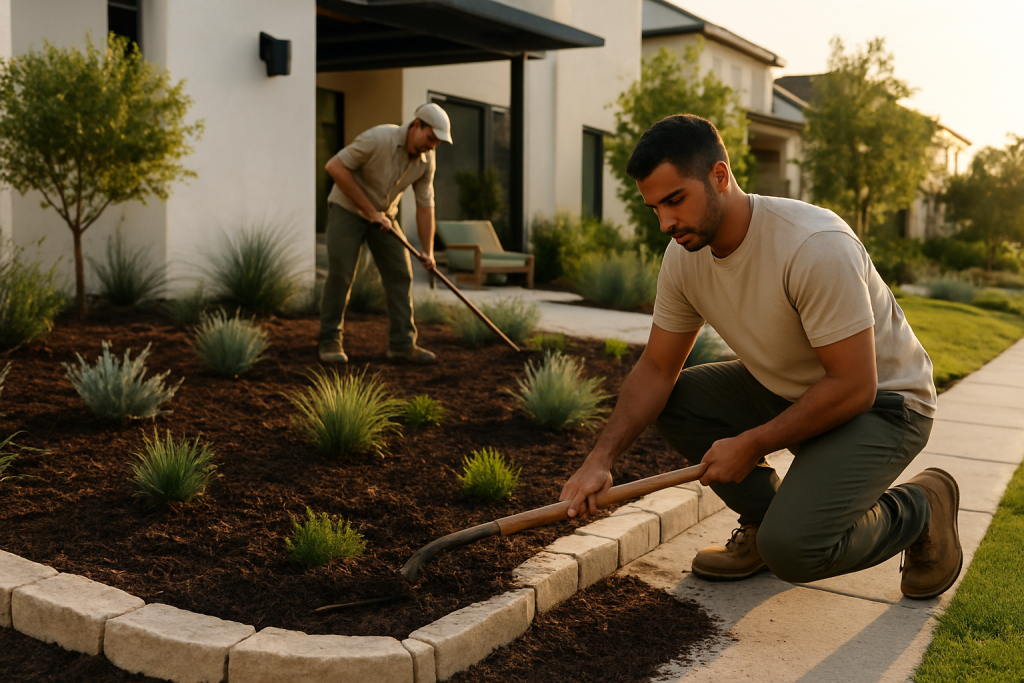 Hoa Landscaping Approval Austin: Front Yard Guide 2 crew preparing a low-water front-yard planting bed with stone edging