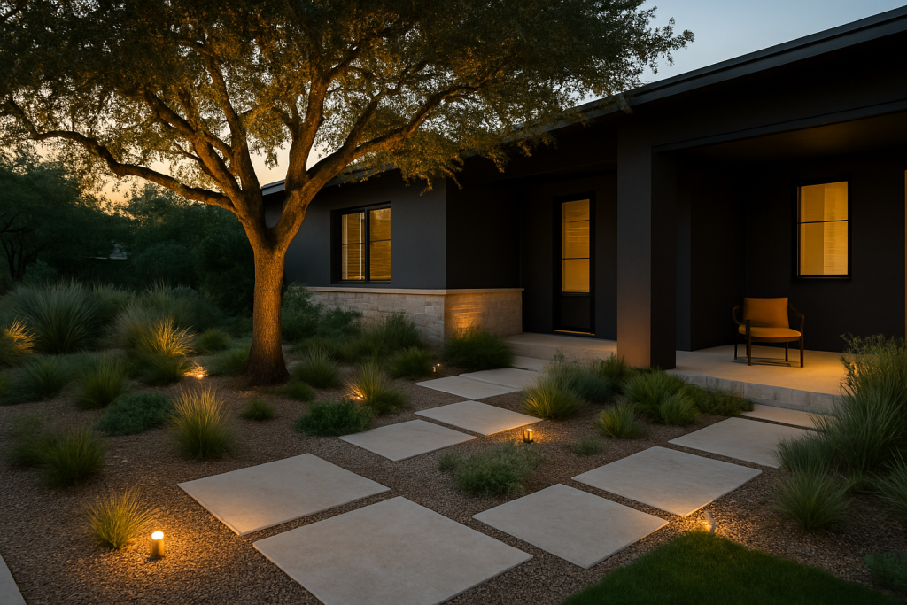 Hoa Landscaping Approval Austin: Front Yard Guide 3 subtle front-yard landscape lighting with path lights and live oak uplighting