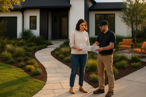 Home 9 austin front yard landscape plan review with native beds and limestone walkway