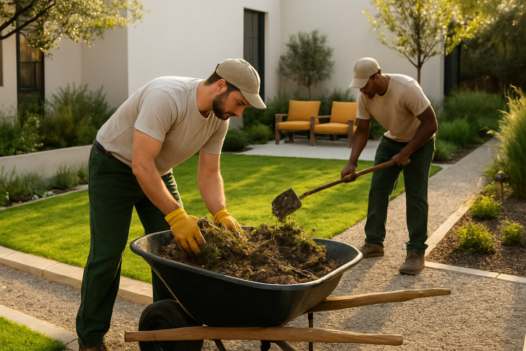 How To Compare Landscaping Quotes In Austin 2 crew removing yard debris and haul-off material during a landscaping project.