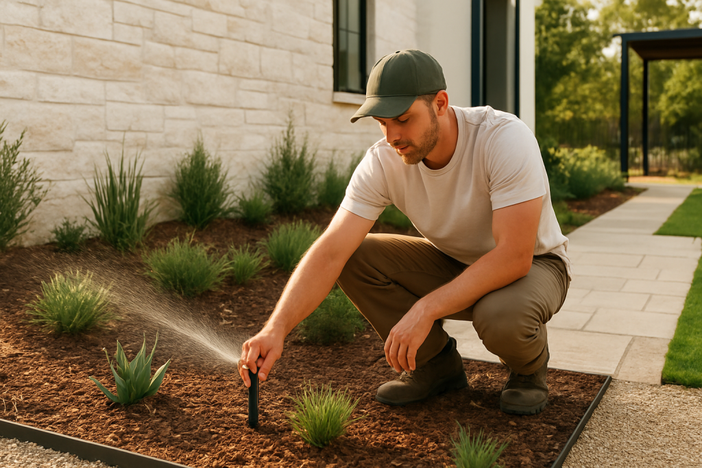 How To Compare Landscaping Quotes In Austin 3 irrigation head being adjusted for new low-water landscaping in austin.