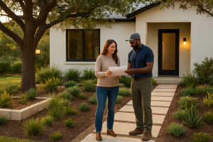 Home 11 homeowner and landscaping professional reviewing a quote in a modern austin front yard.